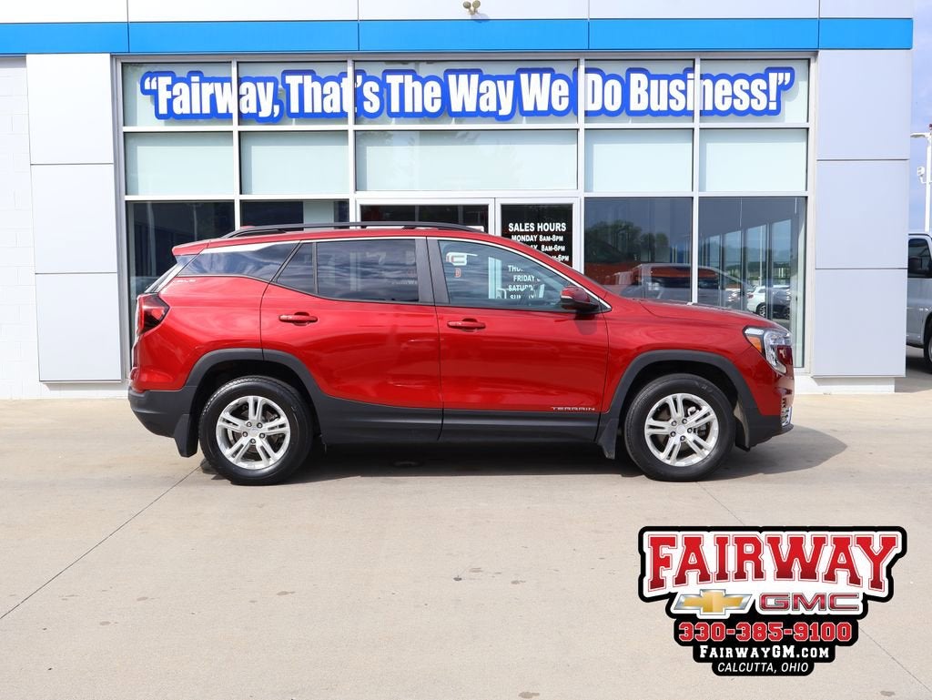 2023 GMC Terrain SLE in Volcanic Red Tintcoat — front three-quarter view