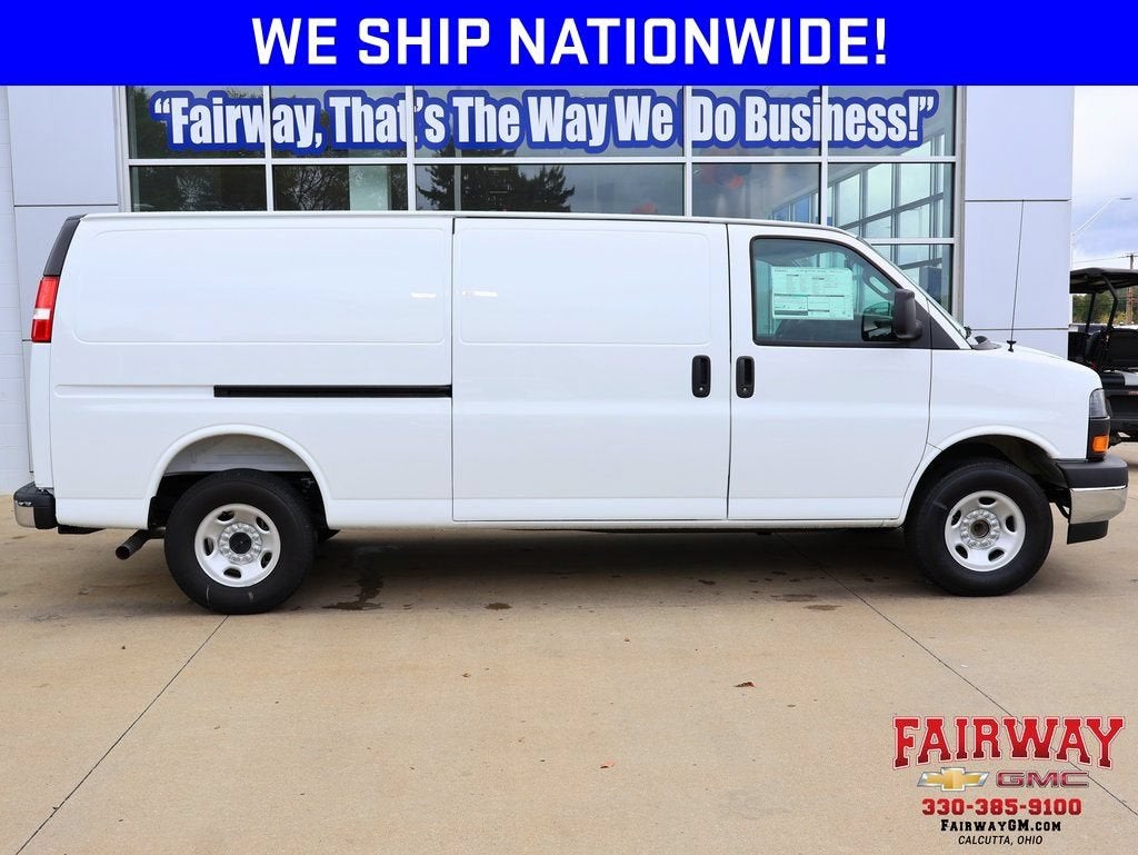 2025 GMC Savana Cargo Work Van in Summit White — front three-quarter view
